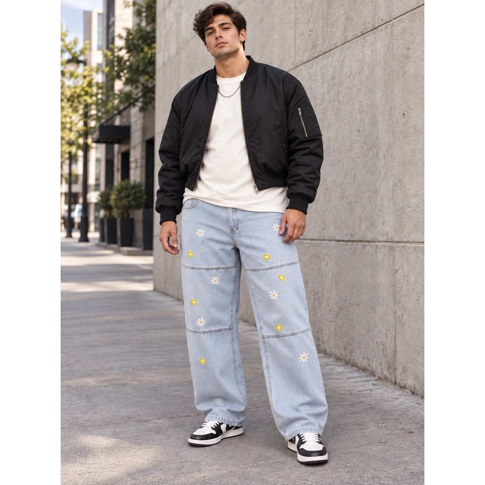 MANFINITY EMRG Men's 3XL Y2K Baggy Floral Embroidered Skater Jeans